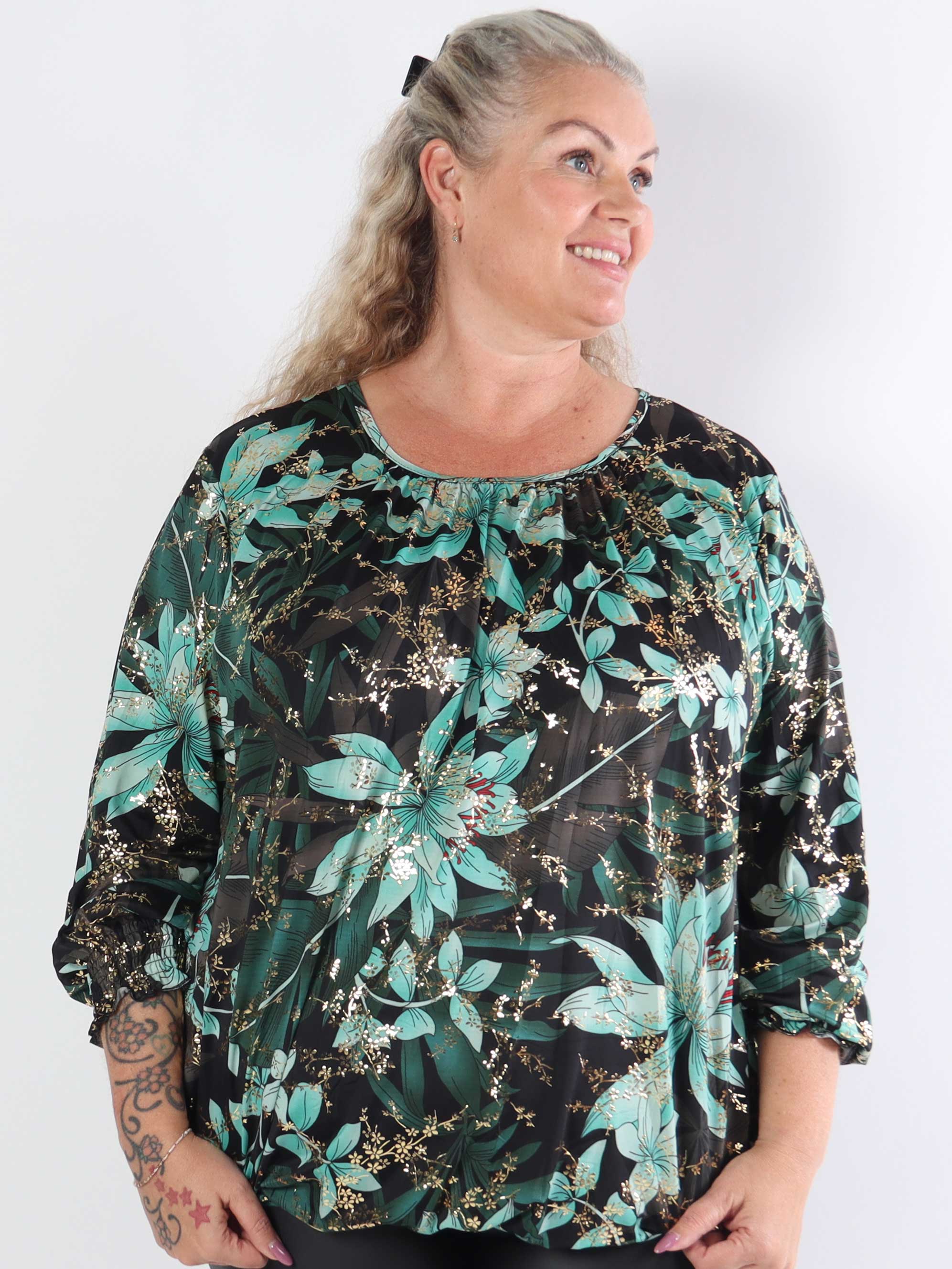 Miracle Gold Flower L/S - Blommig elastisk plus size-blus